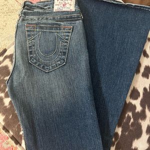 True Religion flare jeans. Super low rise, inseam is 33 inches. Only worn once.